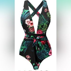 Begonia.K Tropical Print Deep V-Neck Criss Cross Floral One Piece Swimsuit